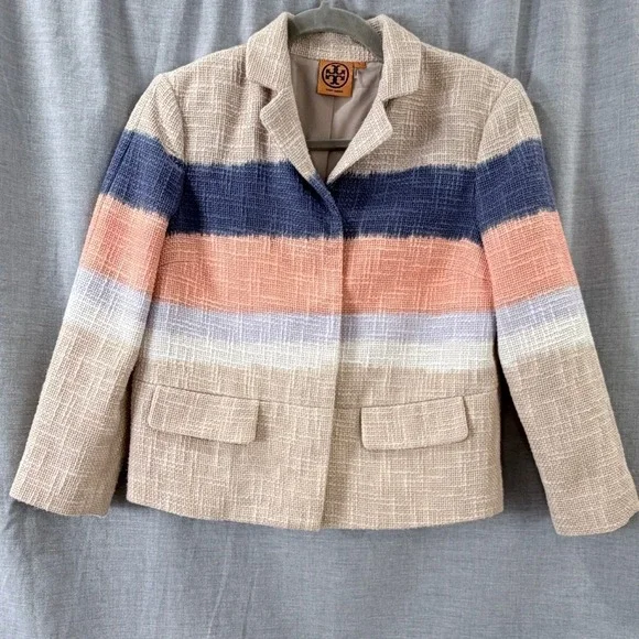 Tory Burch Striped Tweed Cropped Blazer Size 2 Neutral Multi Summer‎ Workwear - Picture 2 of 12